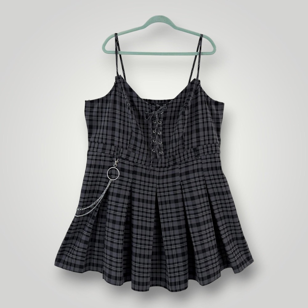 Social Collision Dress Womens 3X Gray Plaid Lace Up Chain Gothic Grunge